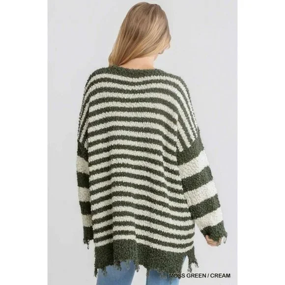 Umgee Moss Green Cream Mix Pullover Sweater Women Popcorn Striped Distressed S-L - Picture 4 of 4